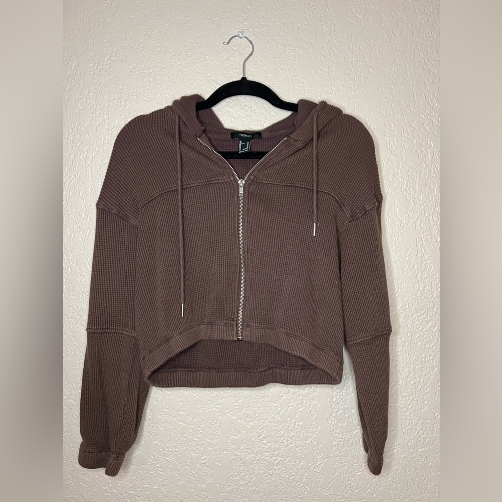 NWOT Forever 21 Cropped Waffle Knit Zip Up Hoodie